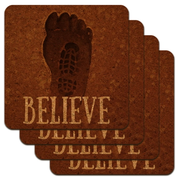 Bigfoot Sasquatch Believe Foot Print Low Profile Novelty Cork Coaster Set