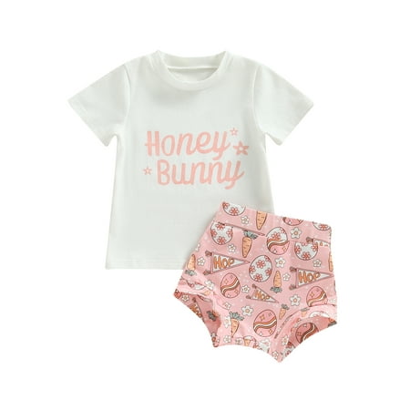 

wybzd Easter Infant Baby Girl Clothes Letter Print Short Sleeve Tops Carrot Shorts Summer Outfits