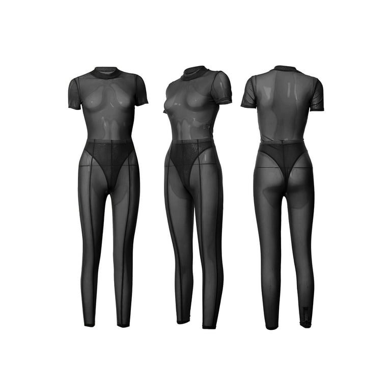 HAOYUAN Sexy Mesh Sheer Two Piece Pants Sets Night Club Outfits