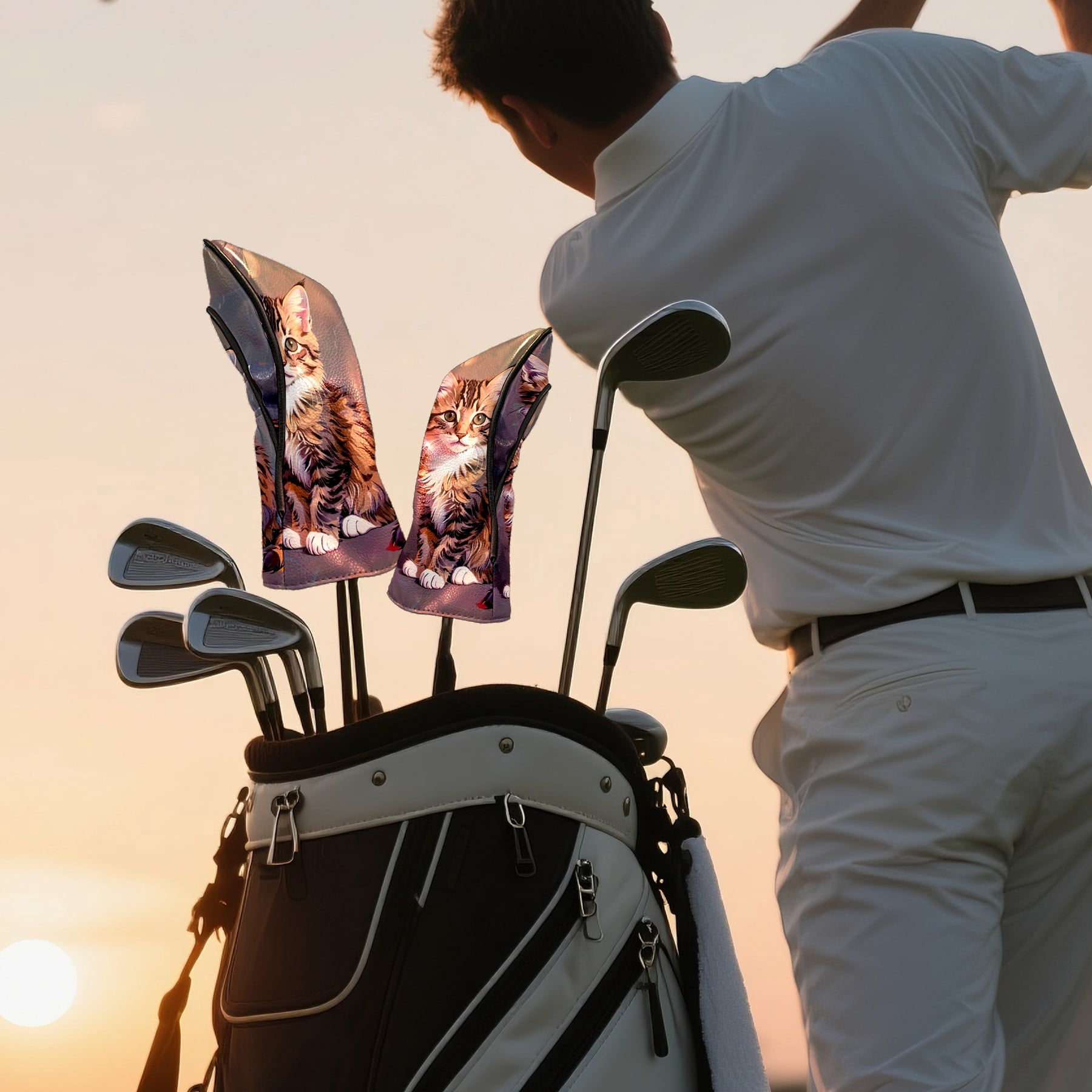 Golf Club Covers, Cat Premium PU Leather Driver Hybrid Putter Head Covers with Velvet Lining, Waterproof Golf Gifts for Men Women