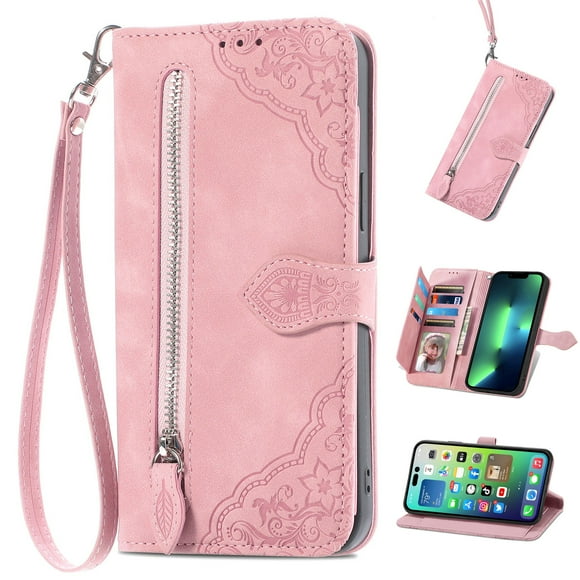 Decase Wallet Case for iPhone 12 / iPhone 12 Pro, Durable Embossed PU Leather Magnetic Flip Wristlet Strap Zipper Card Holder Phone Case 6.1 Inch,Pink