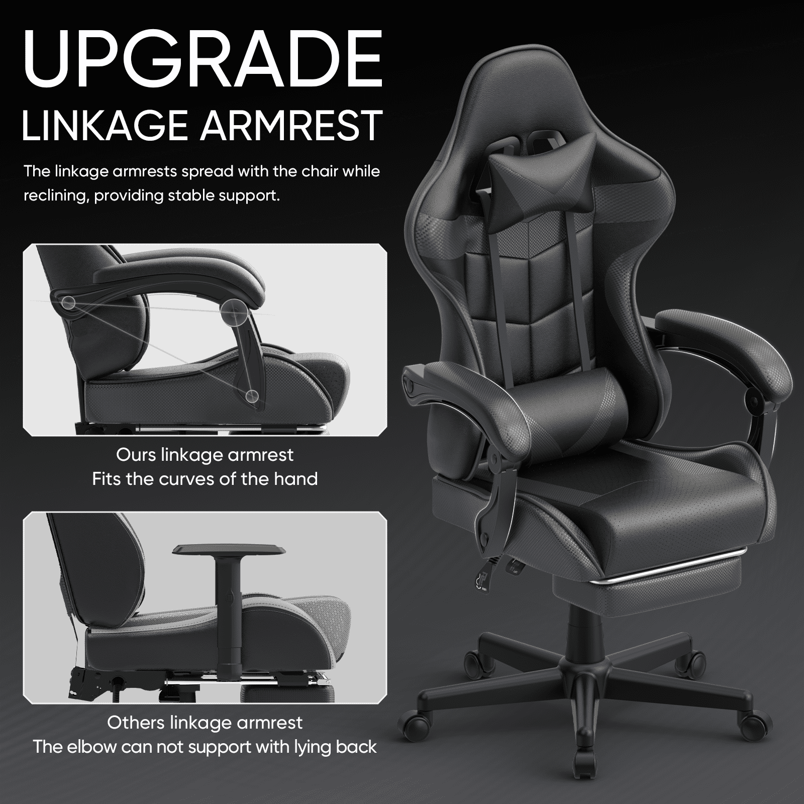 Soontrans Gaming Chair with Footrest, High Back Game Gamer with Massage Lumbar Pillow Compuer Chair for Adult , Black