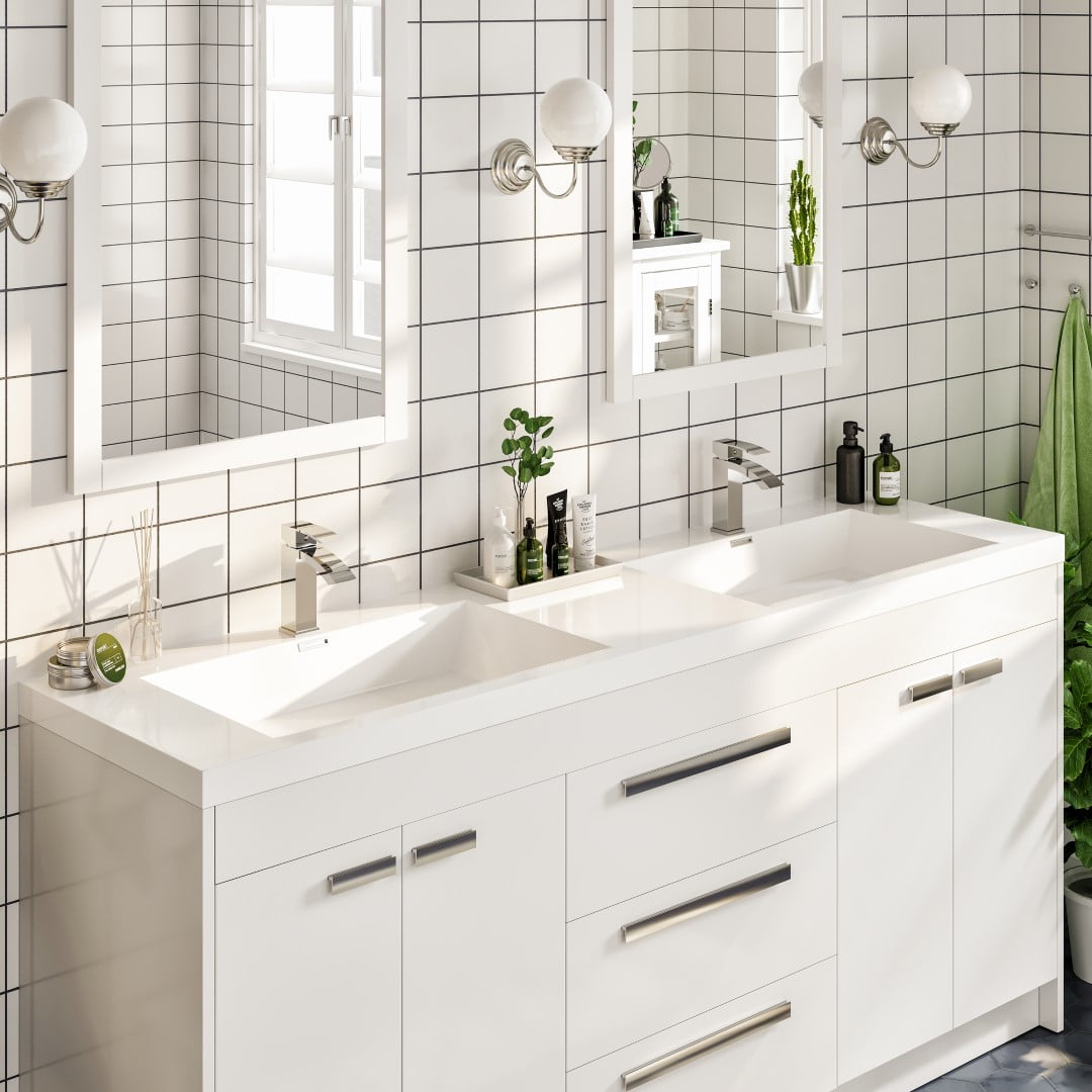 Eviva Lugano 72"W x 20"D White Double Sink Bathroom Vanity with White Acrylic Countertop and Integrated Sinks