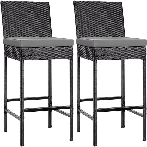 SPECSTAR Outdoor Wicker Bar Stools Set of 2, Patio Rattan Furniture with Cushions, Black