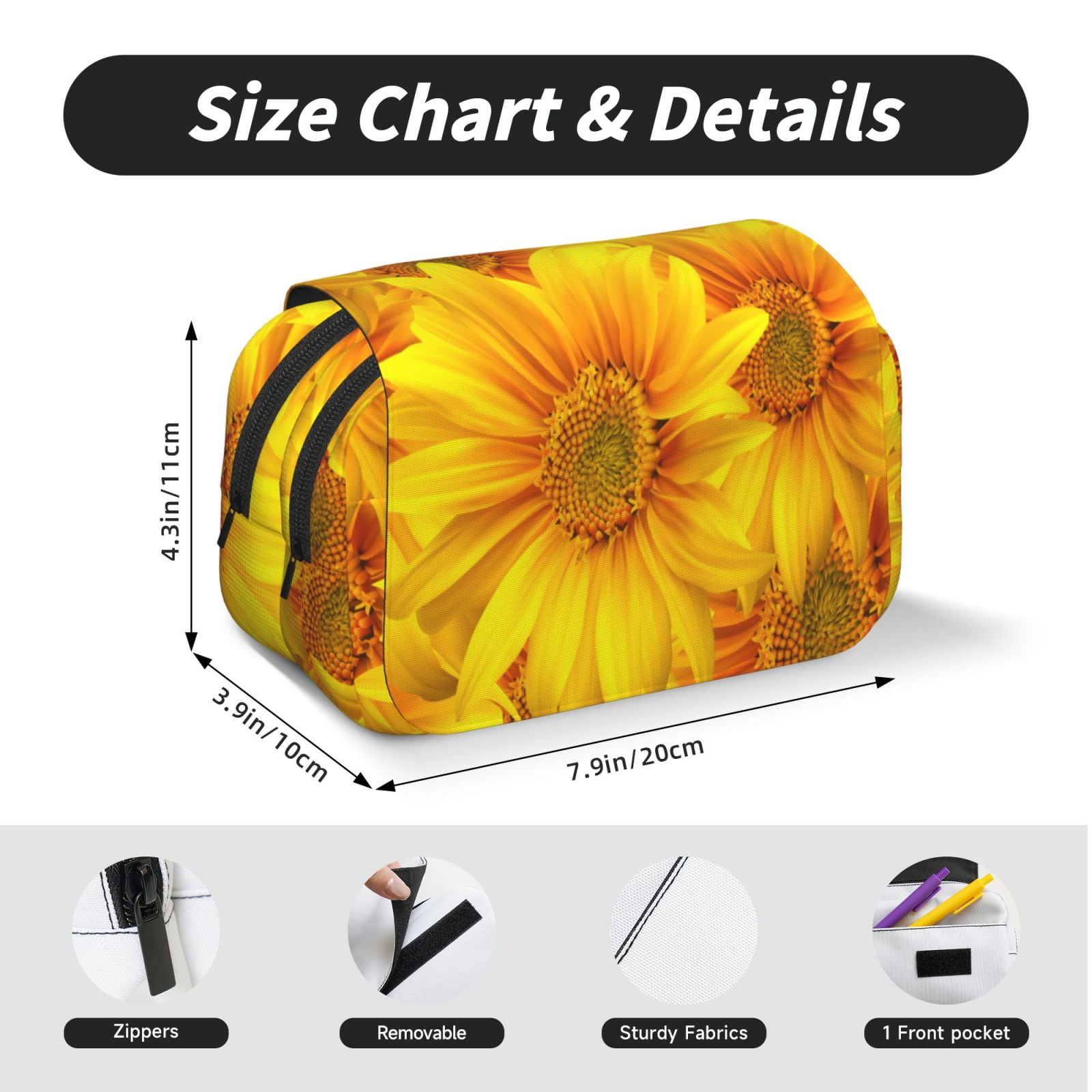 Rateoe 3D Sunflowers Pattern Double Clamshell Pen Case, Storage Organizer with Two Zipper Compartments– Holds Up to 50 Pencils & Pens