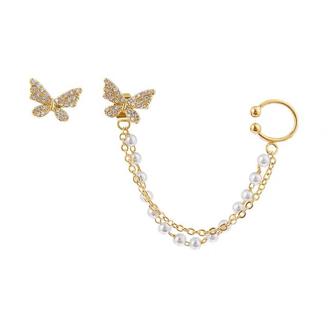 Pendientes de puño de borla de cadena de perla de mariposa de circón vintage francés, pendientes de botón elegantes LingWen 8390613735409