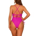 thumbnail image 3 of Women's 1 Piece Swimsuits Lace Up Criss Cross Bathing Suits Plunge Monokini Side Tie Strappy Swimwear Large Hot Pink, 3 of 5