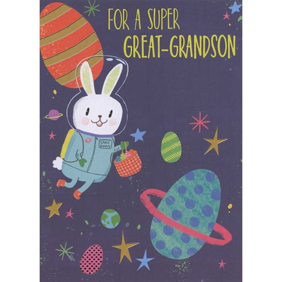 Designer Greetings Astronaut Bunny Floating in Space with Egg Shaped Planets Juvenile Easter Card for Young Great-Grandson