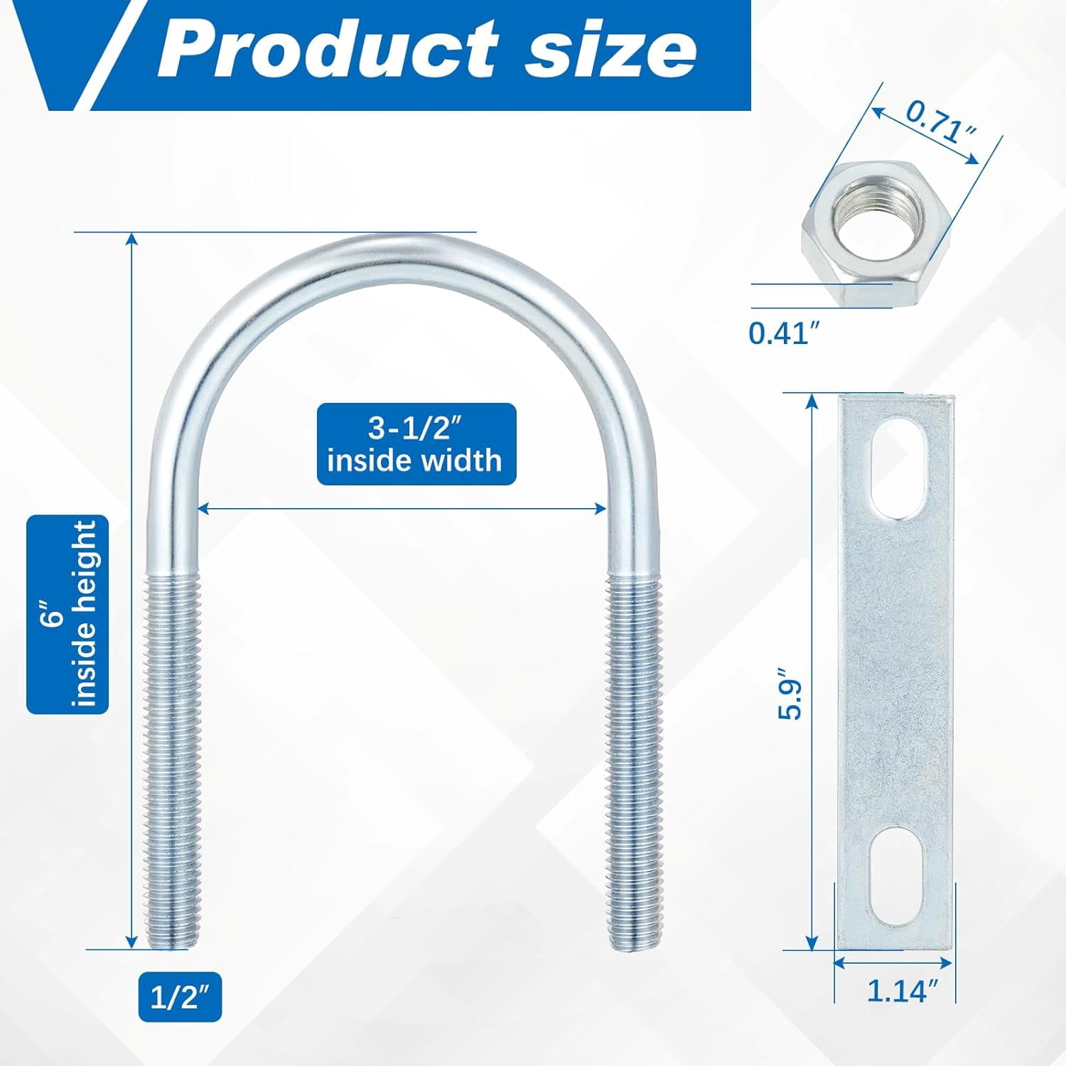 U Bolts Zinc Plated Carbon Steel with U Bolt Plates and Nuts for Fastening Products (4 Sets,1/2 x 3-1/2 x 6 Inch)