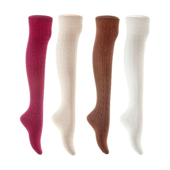 Lian LifeStyle Women's 4 Pair Adorable Comfortable Soft Thigh High Over Knee High Cotton Socks Size 6-9 L1024 Wine,Cream,Coffee,White