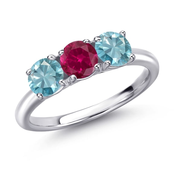 Gem Stone King 925 Sterling Silver Red Created Ruby and Blue Zircon Engagement Ring for Women | 2.30 Cttw | Round 5MM | Gemstone July Birthstone | Size 7