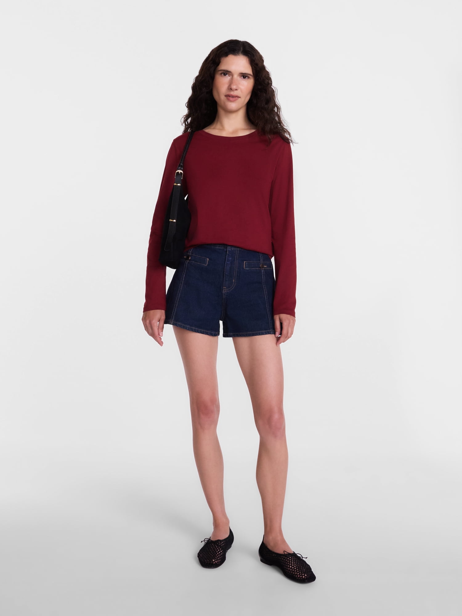 Scenario Women's Cotton Crewneck Tee with Long Sleeves, Sizes XS-XXXL