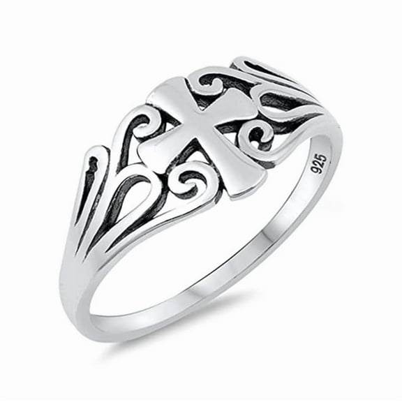 925 Sterling Silver Filigree Christian Cross Swirl Design Oxidized Band Statement Women Ring, Christmas, Mothers Day Gift Rings