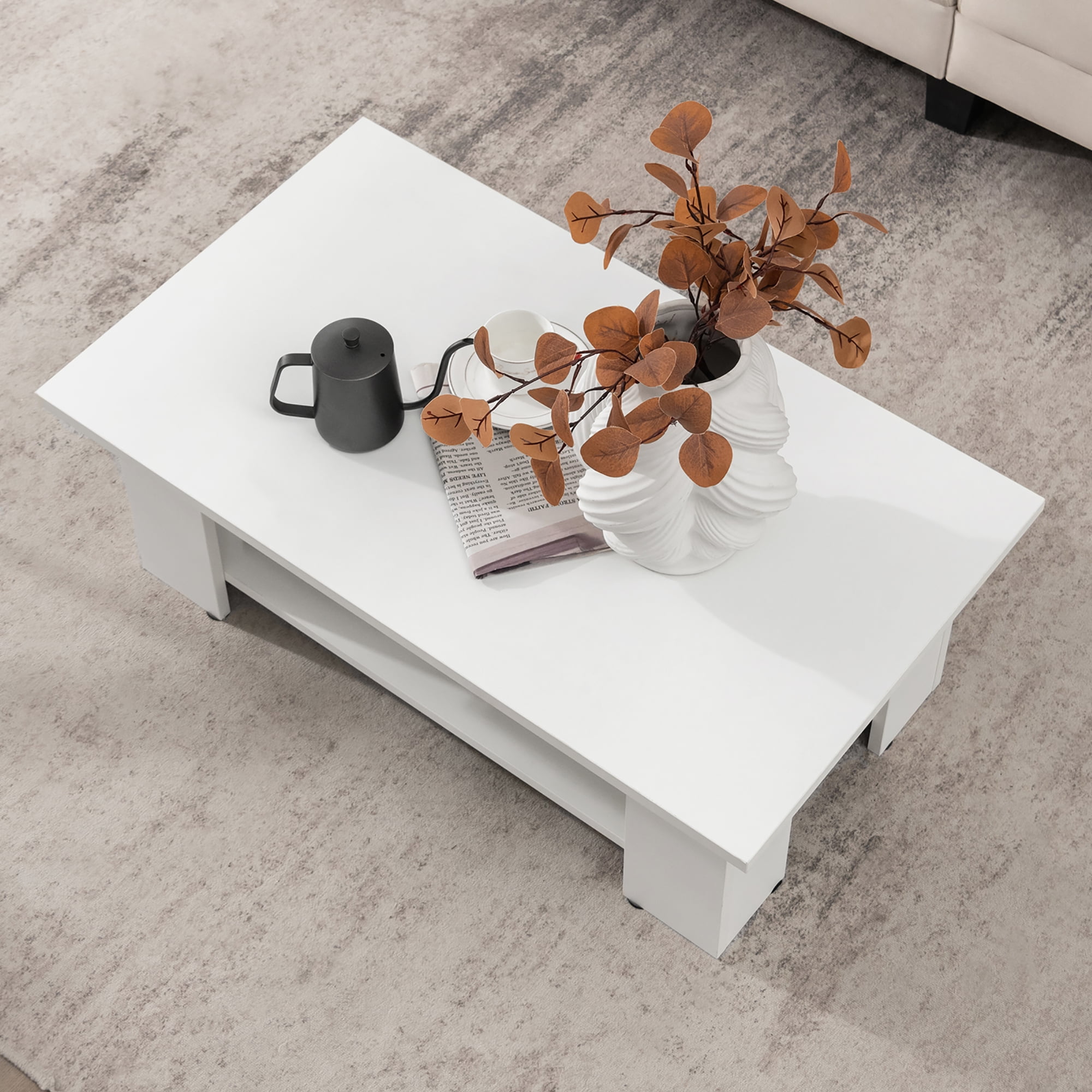 Costway Coffee Table 2-Tier Modern Center Cocktail Table W/Storage Shelf for Living Room White