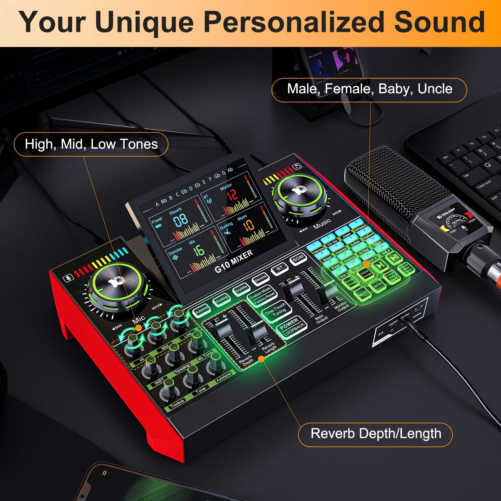Tenlamp Podcast & Gaming Audio Mixer with Condenser Microphone, Voice Changer & Reverb Modes