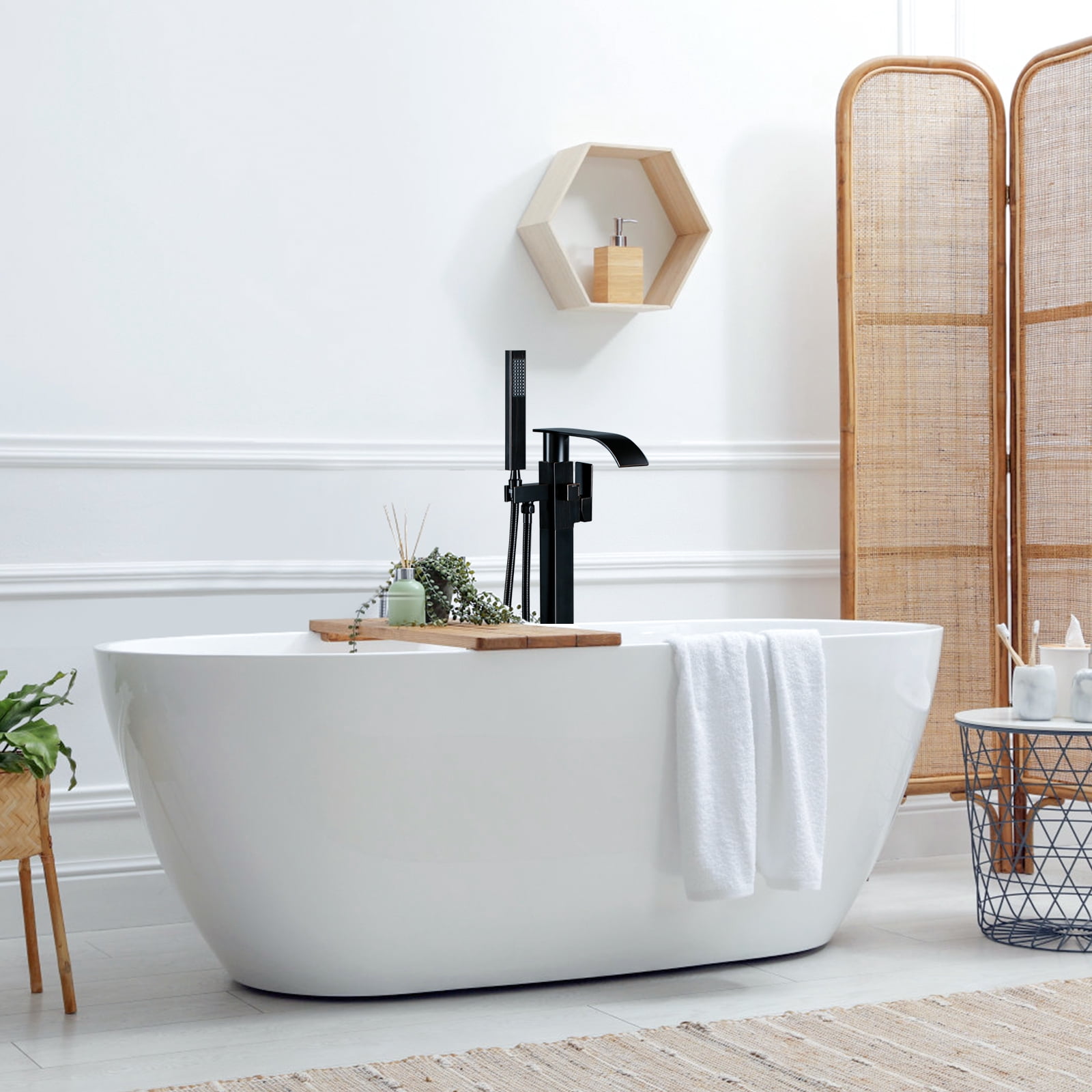 Wowow Brass Waterfall Single-Handle Floor Mount Freestanding Bathtub Faucet with Hand Shower and Supply Line