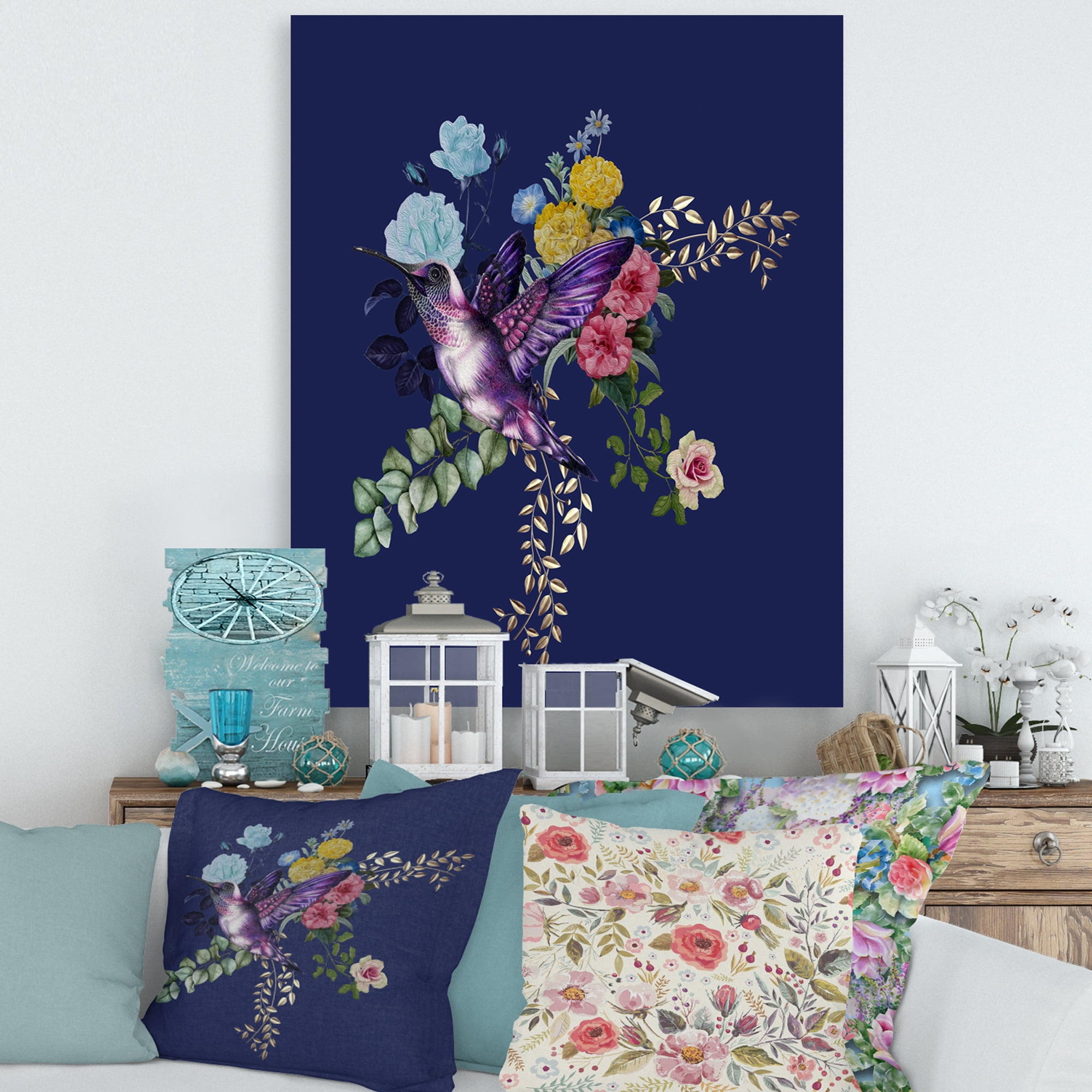 Designart ' Little Bird Sitting On Colourful Bouquet Of Wildflowers I ' Traditional Canvas Wall Art Print