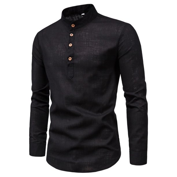 Camisas Casuales Sólidas Para Hombres Cuello De Pie Manga Larga Slim Fit Camisa De Lino Talla Grande M-5XLpangjing