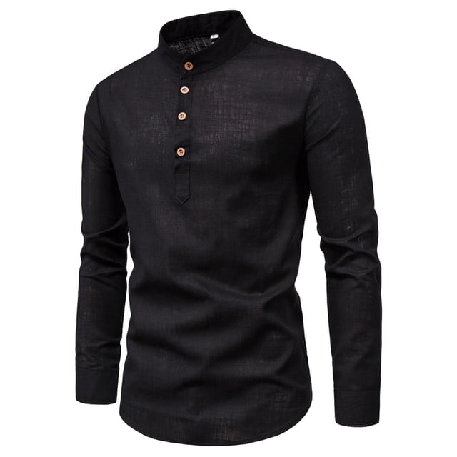 Camisas Casuales Sólidas Para Hombres Cuello De Pie Manga Larga Slim Fit Camisa De Lino Talla Grande M-5XLpangjing