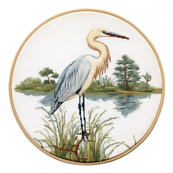 Egret Stamped Cross Stitch Kits for Beginners Easy with Hoop 11CT Needlepoint Embroidery DIY Counted Cross Stitch Kits Art Craft Wall Decor 35x35cm(1)