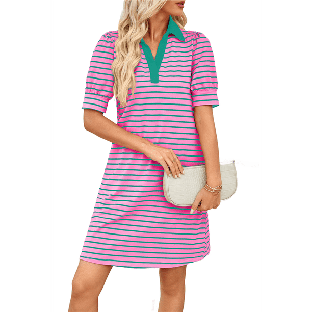 Vestido Corto Informal de Verano para Mujer, con Rayas, Cuello en V, Corta, Corte A, Holgado, Rosa Verde, XXL