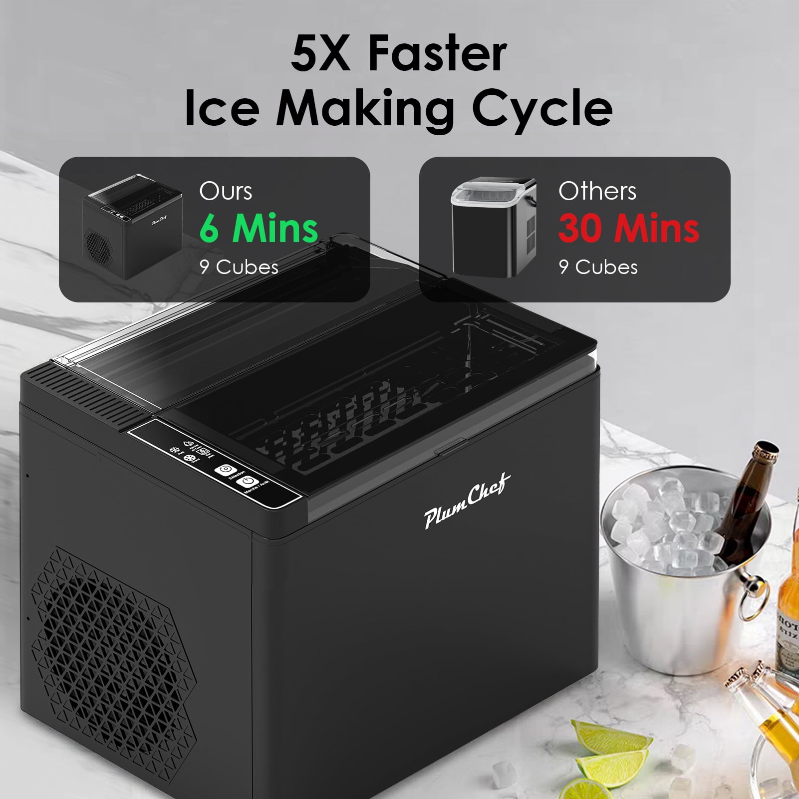 Countertop bullet Ice Maker, 26lbs in 24 Hours, 9 Bullet Ice Cubes in 6 Mins, Portable Compact ice machine with Self-Cleaning, Ice Basket and Scoop Included for Home/Kitchen/Camping/RV, Black