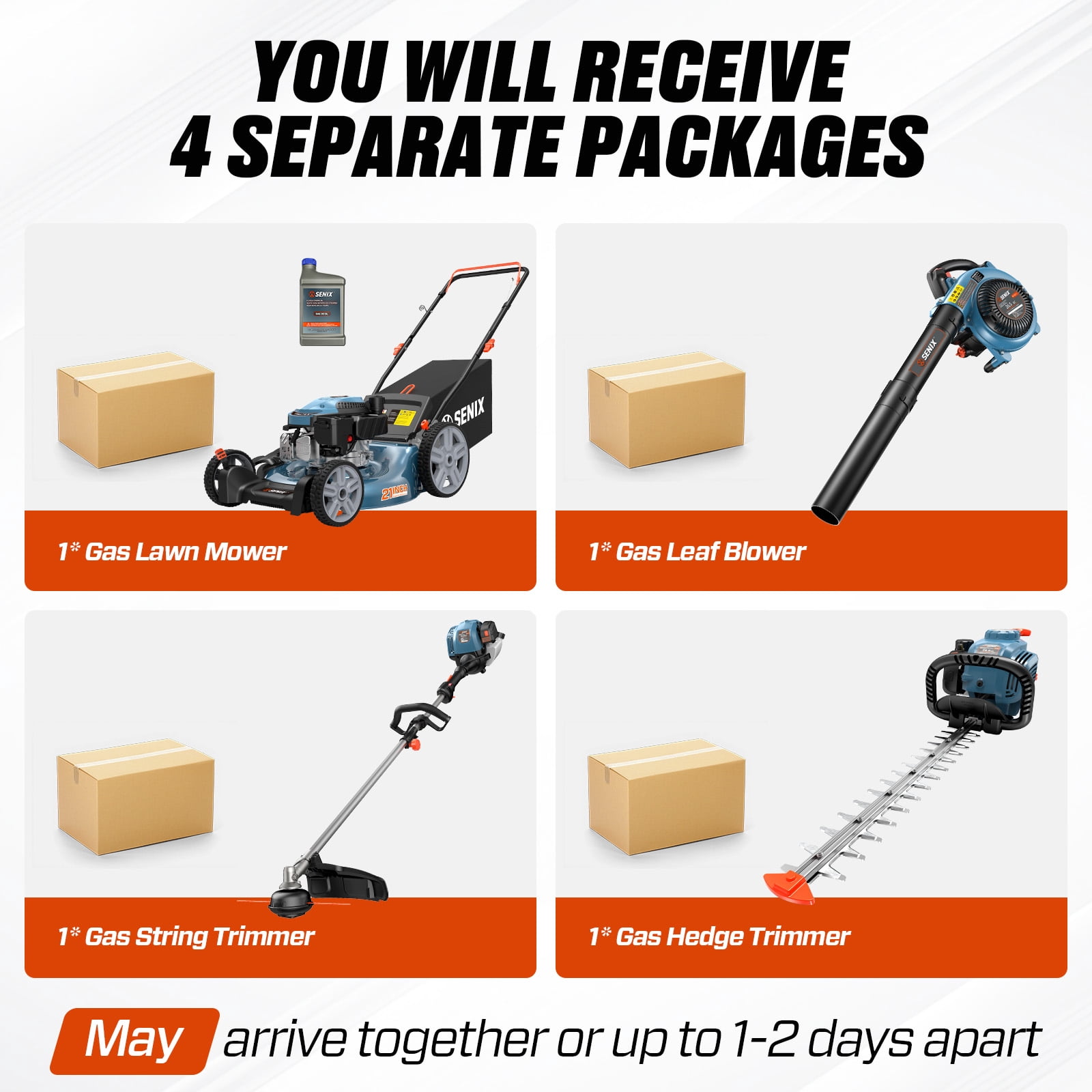 SENIX Gas 4-Tool Combo Kit, 21" 144cc Push Lawn Mower, 410 CFM 26.5cc Leaf Blower, 17" 26.5cc String Trimmer & 22" 26.5cc Hedge Trimmer, LM14-B4QL-GTS4QL-HT4QL