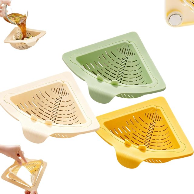 Magnetic Drainage & Filter Basket, Punch-Free Triangular Sink Strainer with Twist-Open Bottom, Kitchen Sponge Holder and Food Scraps Catcher