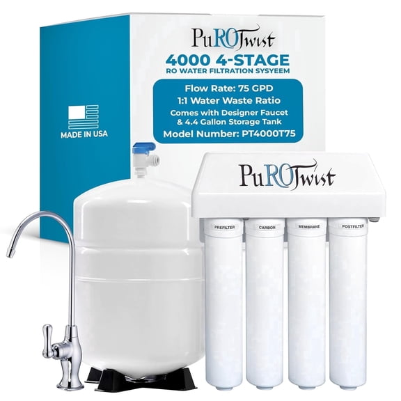 Purotwist 4000 4‑Stage RO System, 75 GPD, Twist‑Off Filters, Chrome Faucet