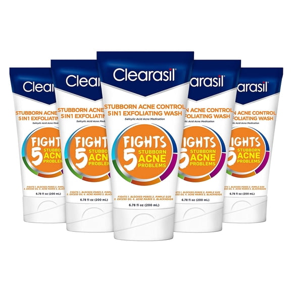 Clearasil Stubborn Acne Control 5 en 1 lavado exfoliante 6.78 fl. onz. Reduce los poros bloqueados Espinillas S (Paquete de 5) 6.78 Fl Oz (Paquete de 5)