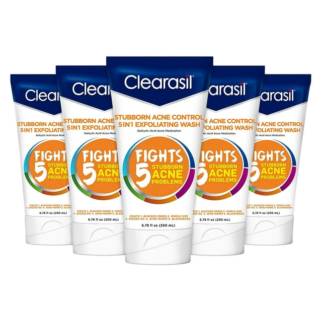 Clearasil Stubborn Acne Control 5 en 1 lavado exfoliante 6.78 fl. onz. Reduce los poros bloqueados Espinillas S (Paquete de 5) 6.78 Fl Oz (Paquete de 5)