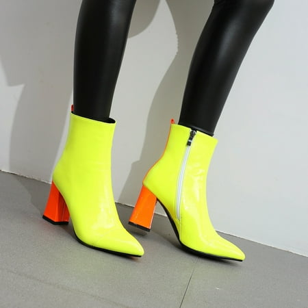 TUTUnaumb Autumn & Winter Hot Sale Clearance Women S Oversized Colorblock Patent Leather Boots With Block Heel Zipper Booties Boots and Shoes-Yellow