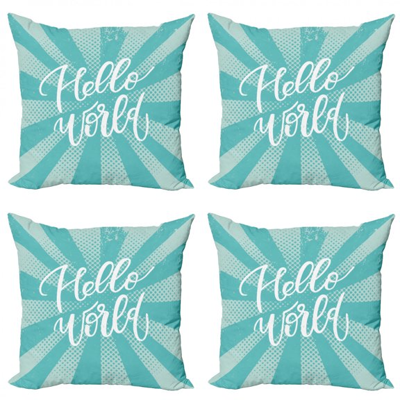 Hello World Throw Pillow Cushion Case Pack of 4, Pattern of Retro Sun Ray and Dotted Background Calligraphy, Modern Accent Double-Sided Print, 4 Sizes, Cadet Blue Pale Blue, by Ambesonne