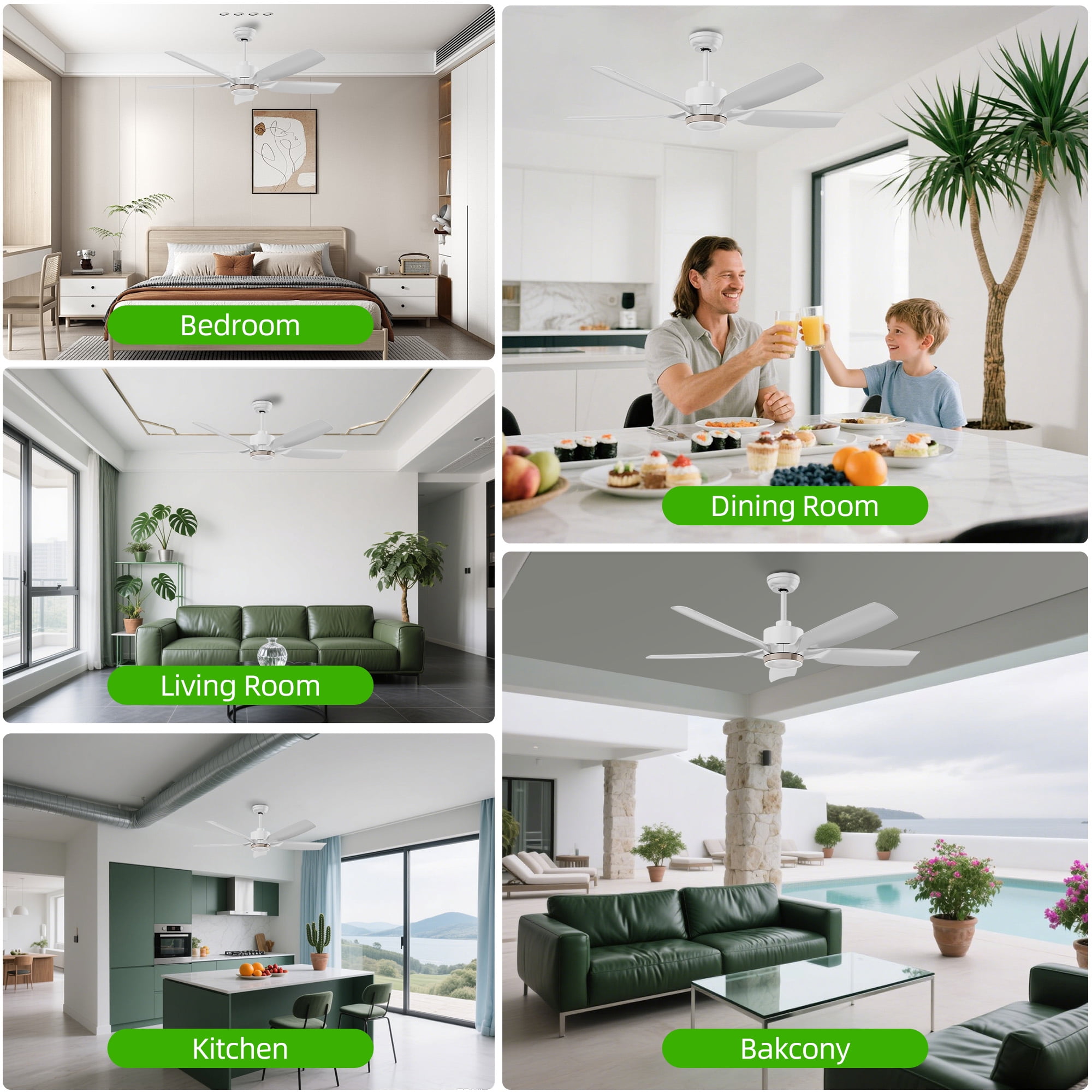 KISSAIR 52 In 5 Blades Ceiling Fan with Light and Remove Control 6 Speeds & Reversible DC Motor,3 Color Dimmable LED, Ultra Quiet 45dB, Timer Function ,White