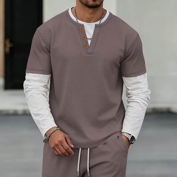 Men Fall Blouse Mineart Men Fake Two Piece V Neck Long Sleeve T Shirts Contrast Cuffs Color Pullover Tees Block Breathable Casual Tops Loungewear