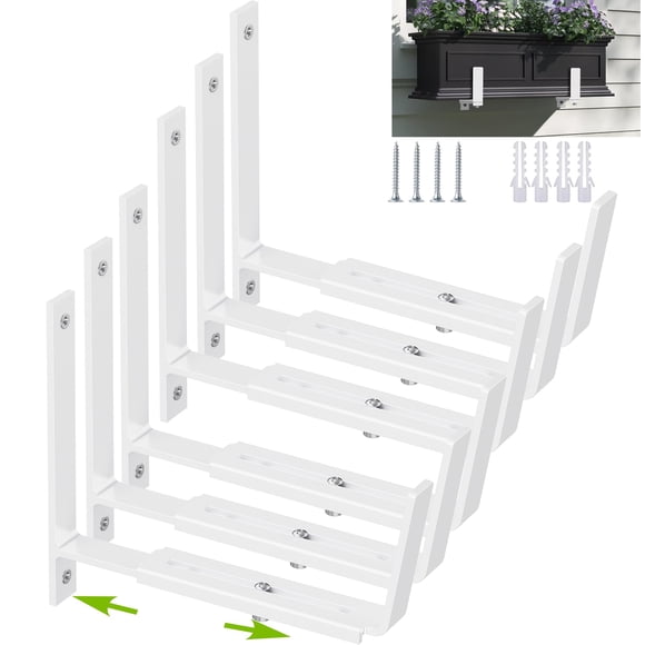 Y&M Adjustable Planter Box Brackets Brackets for Window Boxes Planters 6 Pack Universal Outdoor Hanging Brackets White Steel Mounting Durable Suitable for Fence Pergola Patio Garden Balcony