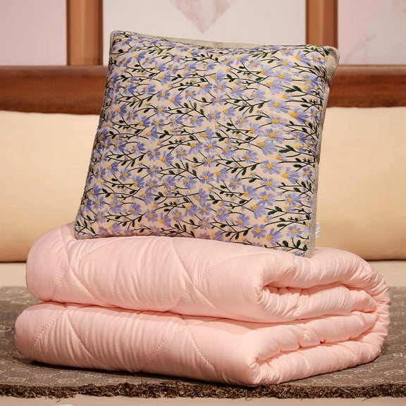 Travel Blanket Pillow-Premium Soft 2 in 1 Airplane Blanket for Long Trips Essentials, Beige and Purple Flower