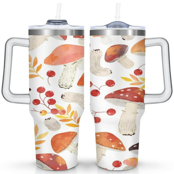 Mushroom Mug with Handle and Straws 40 OZ Insulated Travel Cup Birthday Present for Women Girls Daughter Mom Gifts for Him/Her Water Bottle