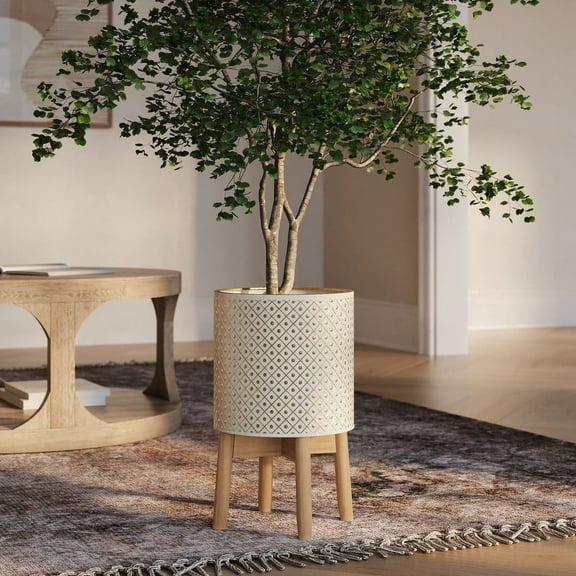 Fluted Metal Planter Pot With 4-Leg Wood Base - White & Gold - 21.5"H x 12"W