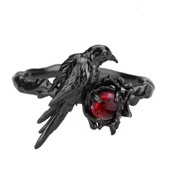 lanema Adjustable Open Alloy Crow Rings with Red Gemstones Alternative Fashion Accessory Handmade Cosplay Jewelry Accessories