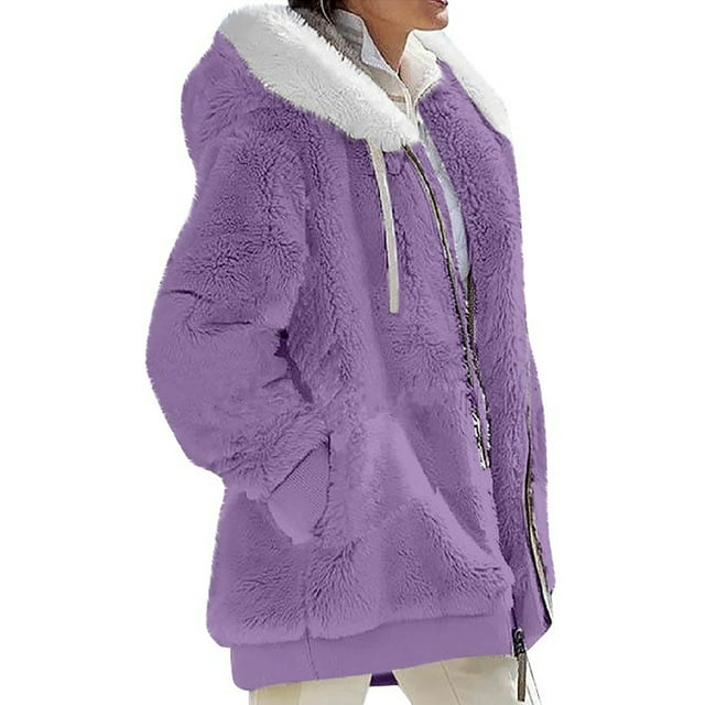 Innerwin Outwear Open Front Women Hooded Cardigan Winter Solid Color Warm Fuzzy Fleece Jacket Purple XL