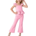 thumbnail image 1 of Conjuntos de camiseta sin mangas con cuello redondo, traje para niña, top con mangas voladoras, pantalones acampanados con dobladillo de encaje, conjunto de dos piezas para niña, top de poliéster para, 1 of 6
