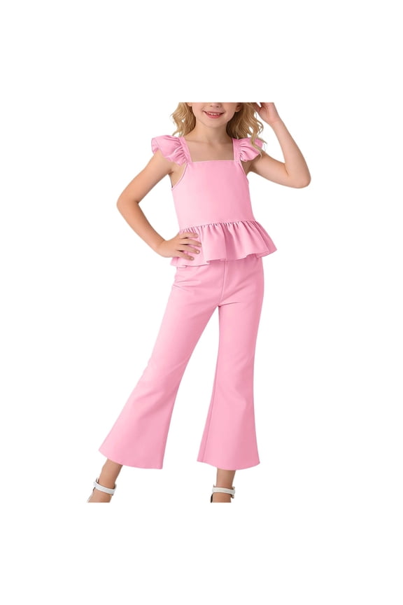 Girls Elegant 2-Piece Outfit Set Ruffle Strap Square Neck Peplum Top and Flare Pants Solid Color Summer Party Fashion Clothing