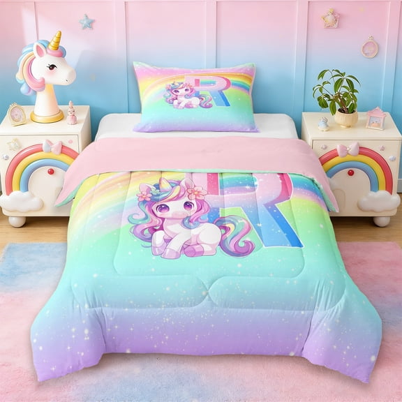 Erosebridal Cute Rainbow Unicorn Twin Comforter Sets,Watercolor Alphabet R Girls Personalized Gifts Bedding Set For Kids,Reversible Pink 2pcs