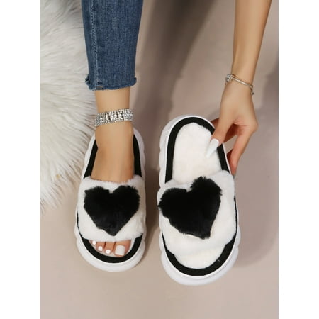 

Heart Decor Fluffy Bedroom Slippers Women‘s Footwear