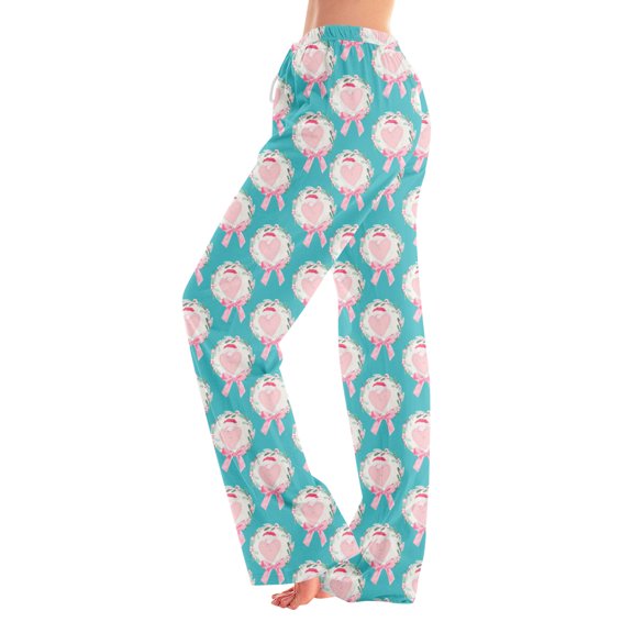 Women's Valentines Day Pajama Pants Drawstring Wide Leg Lounge Pants Cute Heart Printed Soft Cozy Sleep Trousers
