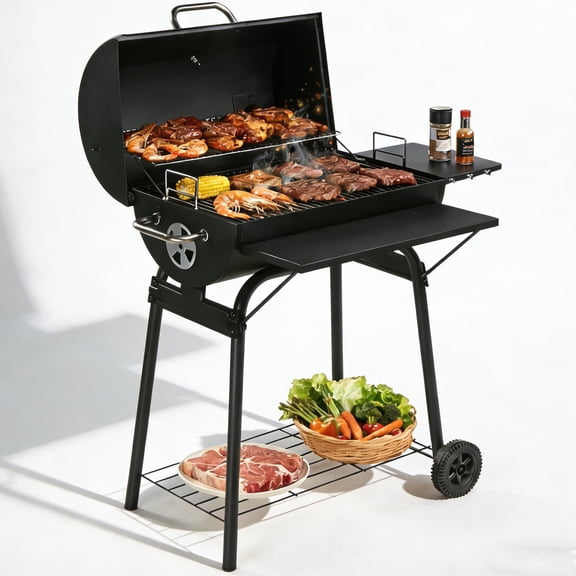 Seizeen Charcoal Grill with Thermometer & Large Cooking Space, Smoker Grill, BBQ Grills for Camping & Picnic, Iron, black