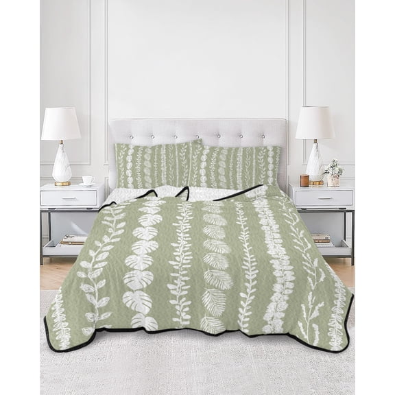 Quilts Twin XL Size, Sage Green Botanical Soft Comforter Bedding Set for Bed, Summer Leaf Farmhouse Striped Lightweight Quilted Bedspread with Pillow Cover(2 Pieces) for All Season, 68x98 Inch