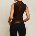 thumbnail image 6 of Women' Solid Mock Neck Sleeveless PU Leather Pleated Slim Fit Tank Top Brown XS, 6 of 8