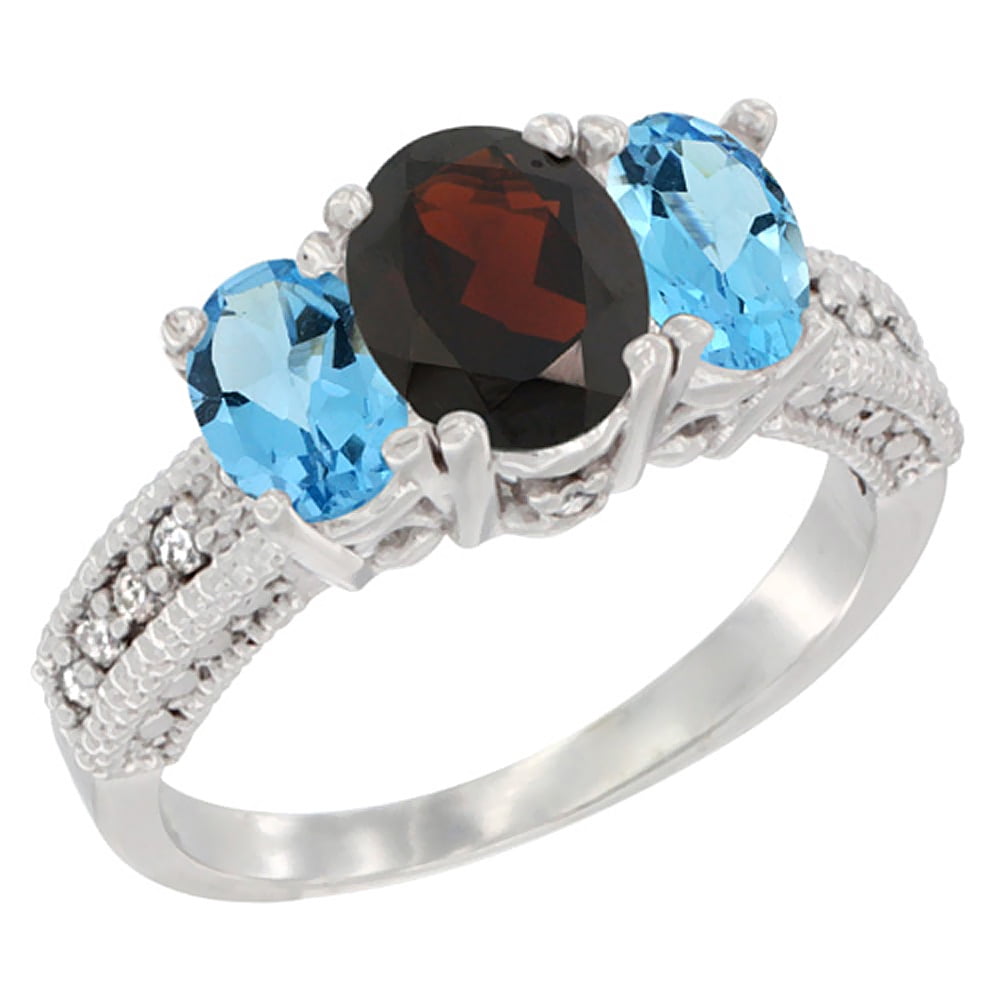 10K White Gold Diamond Natural Garnet Ring Oval 3-stone with Swiss Blue Topaz, sizes 5 10 by WorldJewels